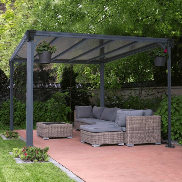 garden with metal gazebo covering a lounge seating area